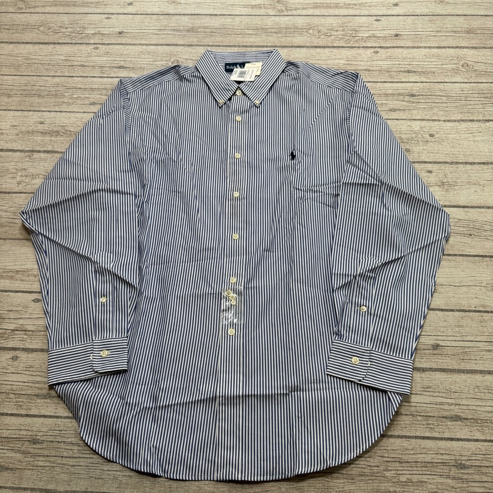 NEW Ralph Lauren Dress Shirt Men's 17 Blue White Striped Classic Fit Button Down